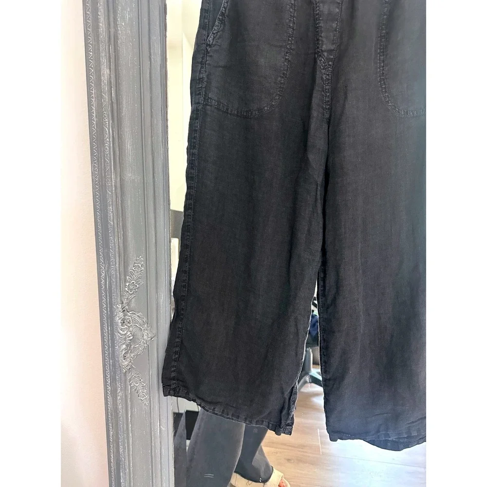 Cut Loose Black Solid Linen Easy Cropped Pants Wide Leg Side Pockets Lagenlook S